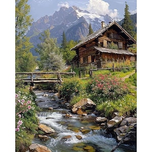 May include: A scenic landscape painting of a wooden cabin nestled in a mountain valley. A clear stream flows through the foreground, crossed by a small wooden bridge. Lush greenery and colorful flowers surround the cabin and stream, with snow-capped mountains in the background.