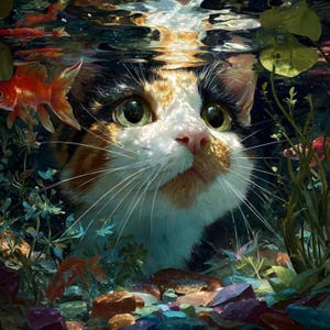 May include: A calico cat face submerged in water, surrounded by orange goldfish, green aquatic plants, and colorful pebbles. The cat has large green eyes, long white whiskers, and a white, orange, and black coat, with light refracting on the surface.