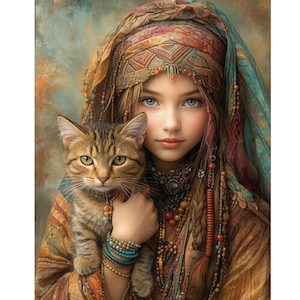 Pode incluir: Pintura digital de uma pessoa jovem com olhos azuis e cabelos longos e trançados, adornada com contas coloridas e um lenço estampado. Seguram um gato tigrado. A obra de arte tem um estilo suave e pictórico com tons quentes.