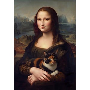 Puede incluir: Un retrato pintado que muestra a una persona con cabello largo y castaño vistiendo una prenda oscura, sosteniendo un gato calicó de pelaje negro, naranja y blanco. El fondo representa un paisaje con montañas y un río bajo un cielo nublado.
