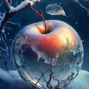 May include: A red apple encased in ice with intricate branches and leaves frozen inside. The apple is sitting on a snowy surface with a blue background.