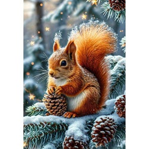May include: A digital illustration of a red squirrel holding a pine cone, perched on a snow-covered evergreen branch. The squirrel has a fluffy tail and is surrounded by a snowy winter scene with twinkling lights.