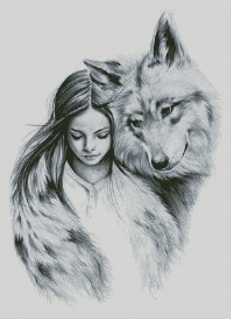 Counted Cross Stitch Pattern Girl with a wolf image 1