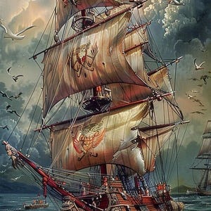 May include: A detailed painting of a tall ship sailing on a wavy sea under a cloudy sky. The ship has red and brown accents, with large sails adorned with a crest. Seagulls fly around the ship, adding to the nautical theme.