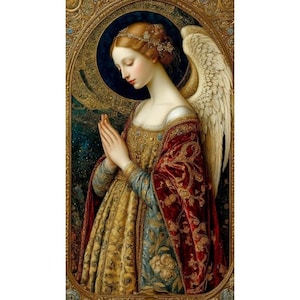 May include: A detailed painting of an angel with auburn hair, wearing a gold and red gown, and a halo. The angel has large white wings and is set against a dark blue and gold background, framed in an ornate gold border.