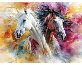 May include: Two horses with flowing manes run through a colorful abstract background. The horse on the left is white with a black mane, while the horse on the right is brown with white markings and a black mane.