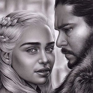 May include: A black and white pencil drawing of a man and a woman looking at each other. The woman has long, flowing hair and is wearing a necklace. The man has a beard and is wearing a fur-lined coat.