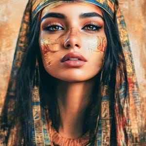 May include: A woman wearing a gold and blue headdress with intricate details. She has dark hair and brown eyes, and her face is adorned with gold makeup. She is wearing a necklace with a similar design to her headdress.