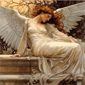 May include: An illustration of an angel with large white wings, dressed in a cream-coloured gown. The angel has long, red curly hair and is seated on a stone structure, with a peaceful expression. The background includes trees and a warm, golden light.
