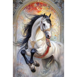 May include: A white horse with a flowing black mane and tail, adorned with gold and red decorative elements. The horse is rearing up, set against an ornate, arched background with floral and abstract patterns.