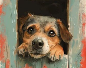 May include: A brown and white dog with brown ears peeks out of a wooden doghouse. The dog has a sad expression on its face and is looking directly at the viewer.
