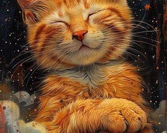 Op de afbeelding: Een gemberkat met zijn ogen dicht, slaapt vredig op een wolk met een volle maan op de achtergrond. De kat is omringd door sterren en een donkerblauwe lucht.