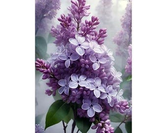 May include: A close-up of a lilac flower with purple and white petals. The flower is in full bloom, with several buds and green leaves. The background is a soft, blurred gradient of purple and white.