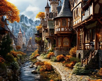 May include: An autumn scene of a European village with stone buildings, cobblestone paths, and a flowing stream. The buildings have pointed roofs and ornate details. The trees and bushes are in shades of orange and gold, with mountains in the background.