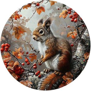 Könnte beinhalten: Ein braunes Eichhörnchen mit buschigem Schwanz sitzt auf einem Ast mit roten Beeren und Herbstlaub. Das Eichhörnchen schaut nach links aus dem Bild.