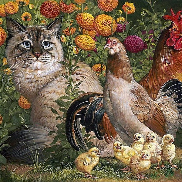 Grille de point de croix compté "Chat avec coq, poule et poussins"