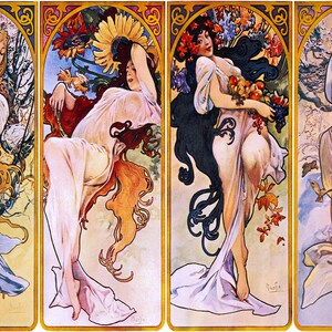 May include: Four panels of an art nouveau painting depicting the four seasons. Each panel features a woman in a flowing gown, surrounded by flowers and foliage. The first panel shows spring, with a woman in a white gown and a crown of flowers. The second panel shows summer, with a woman in a pink gown and a sunflower. The third panel shows autumn, with a woman in a purple gown and a crown of leaves. The fourth panel shows winter, with a woman in a blue gown and a crown of snowflakes.