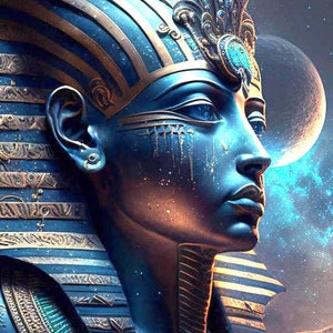 May include: Digital artwork of a blue and gold pharaoh bust, showcasing intricate details of the headdress and collar. The artwork features a celestial background with a moon and stars, creating a mystical atmosphere. The pharaoh's face is in profile.