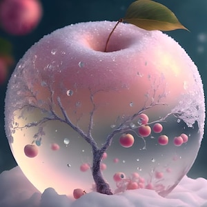 Puede incluir: Una manzana rosa helada con una hoja verde en la parte superior. Dentro de la manzana hay un pequeño árbol cubierto de nieve con manzanas rosas en sus ramas.