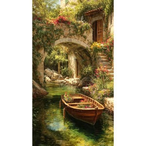 Puede incluir: Un bote de remos de madera lleno de flores coloridas flota en un arroyo verde y tranquilo bajo un arco de piedra. La escena presenta enredaderas verdes exuberantes, flores rojas y amarillas, y una escalera de piedra hacia una puerta.
