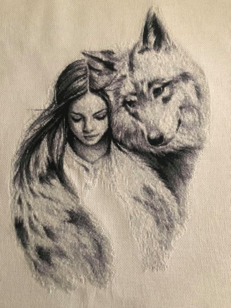 Counted Cross Stitch Pattern Girl with a wolf image 2