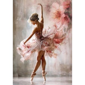 May include: A ballerina in a flowing pink and white dress, en pointe, with one arm raised. The background features soft, blurred pink floral elements and a neutral, textured wall. The dancer's hair is styled in a bun.