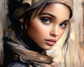 May include: A portrait of a person with light brown skin, wearing a headscarf and scarf in shades of brown and tan. The person has blue eyes and is looking directly at the viewer. The background is a blend of brown and tan tones.