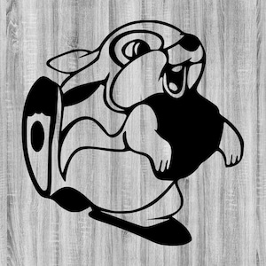 May include: Black and white illustration of a cartoon rabbit wearing a black shirt and trousers. The rabbit is smiling and has its arms outstretched.