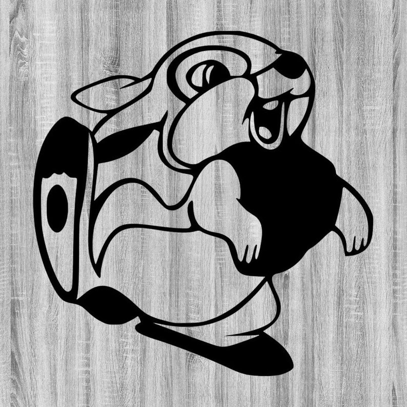 May include: Black and white illustration of a cartoon rabbit wearing a black shirt and pants. The rabbit is smiling and has its arms outstretched.