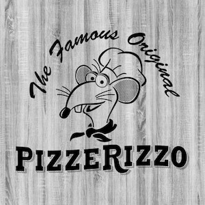 Puede incluir: Ilustración en blanco y negro de una rata de dibujos animados con un gorro de cocinero. La rata sonríe y tiene una nariz grande. El texto "The Famous Original PIZZERIZZO" está escrito alrededor de la rata.