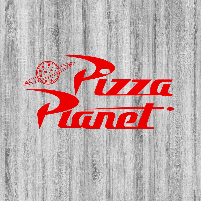 May include: Red and white logo for Pizza Planet, a fictional restaurant from the Toy Story movies. The logo features a stylized rocket ship with a pizza planet on the side, and the text "Pizza Planet" in a bold, red font.