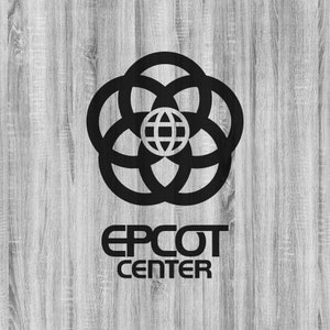 May include: Black and white logo of Epcot Center, featuring a stylized globe surrounded by four interlocking rings. The logo is on a woodgrain background.