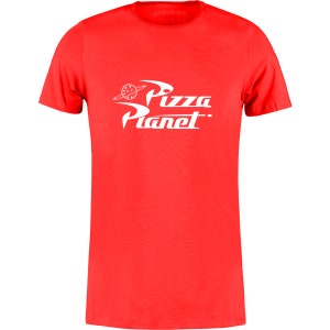 May include: Red t-shirt with a white "Pizza Planet" logo. The logo features a cartoon pizza with a planet ring around it.
