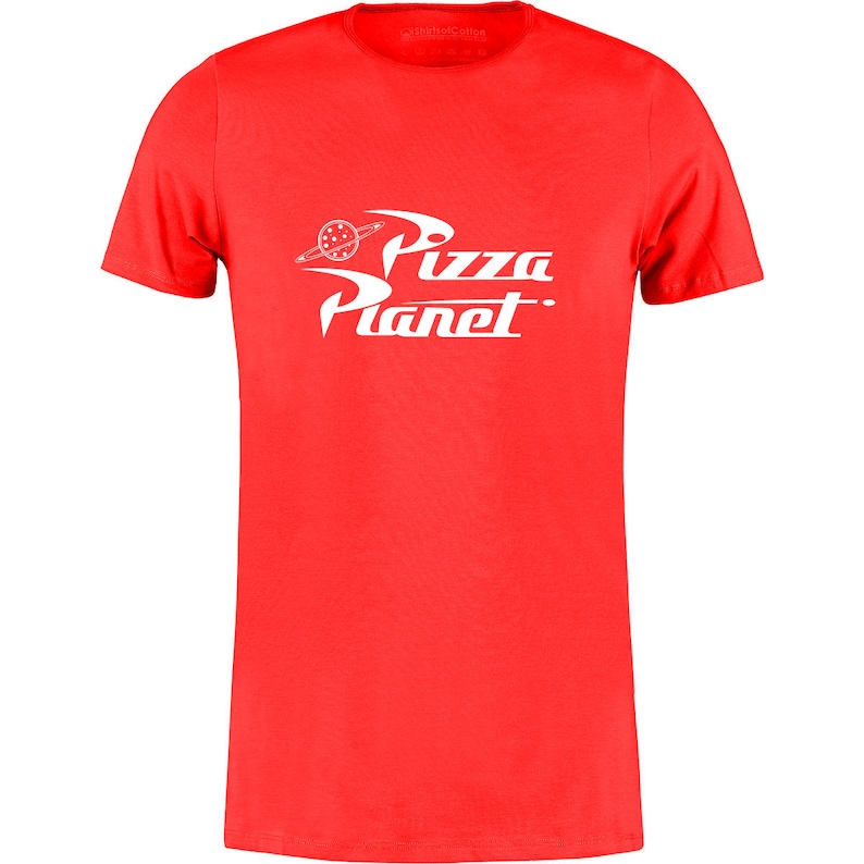 May include: Red t-shirt with a white "Pizza Planet" logo. The logo features a cartoon pizza with a planet ring around it.