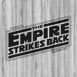 以下が含まれることがあります： 黒と白のグラフィックデザインで、太字のサンセリフフォントで「STAR WARS THE EMPIRE STRIKES BACK」というテキストが書かれています。
