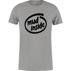 May include: A gray t-shirt with a black graphic of a computer chip with the text "mud inside" printed on it.