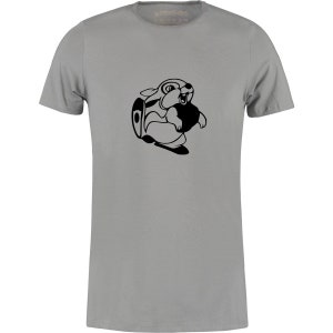 May include: A gray t-shirt with a black graphic of a cartoon squirrel holding a nut.