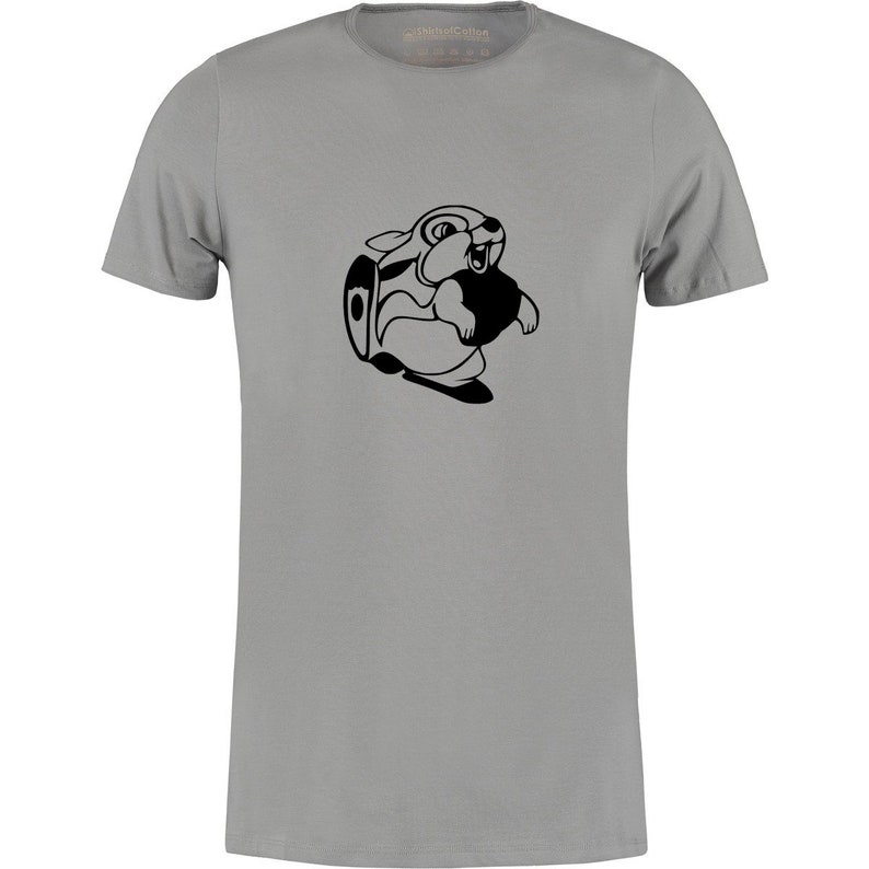 May include: A gray t-shirt with a black graphic of a cartoon squirrel holding a nut.