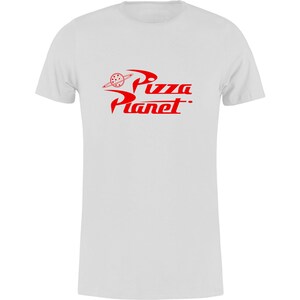 May include: White t-shirt with a red "Pizza Planet" logo. The logo features a stylized planet with a pizza slice in the center.