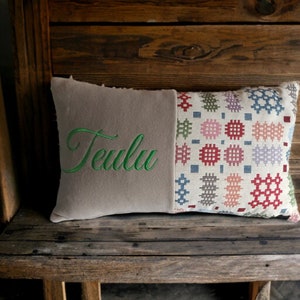 Welsh Blanket style Teulu Cushion-Personalised Cushion- Quote Cushion-welsh tapestry Design Rectangle cushion.