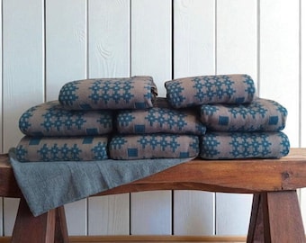 Teal and grey Welsh Tapestry Blanket design Jacquard Throws, Woven Throws