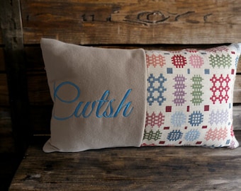 Welsh Blanket style Cwtsh Cushion-Personalised Cushion- Quote Cushion-welsh tapestry Design Rectangle cushion.