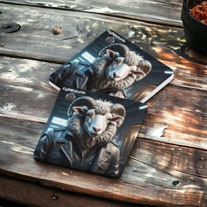 May include: Two square coasters with a cyberpunk theme. Each coaster features a white sheep with a human-like face wearing a black leather jacket. The text "cyberpunk" is printed on each coaster.