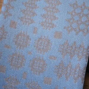 Puede incluir: Una tela azul claro con un patr&oacute;n tejido repetitivo de formas geom&eacute;tricas de color beige. El dise&ntilde;o consiste en peque&ntilde;os cuadrados y motivos m&aacute;s grandes, complejos y en forma de cruz, dispuestos en una cuadr&iacute;cula sobre la superficie texturizada.