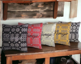 Mamgu Embroidered Sqaure cushions, Welsh tapestry blanket design cushions, Throw pillows