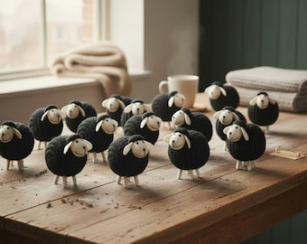 May include: A collection of small, round, black sheep figurines with white faces and ears. Each sheep has a textured, wool-like body and stands on four short, light-coloured legs. The figurines are arranged across a rustic wooden table surface.