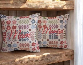 Multi coloured Mothers day  Embroidered Sqaure cushions, Welsh tapestry blanket design cushions, Throw pillows