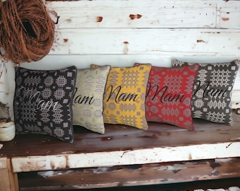 Mam Embroidered Sqaure cushions, Welsh tapestry blanket design cushions, Throw pillows