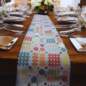 May include: A dining table set for a meal, with a colourful patterned table runner. The runner has a light background with geometric shapes in red, blue, yellow, and orange. The table is set with plates, cutlery, and glasses.
