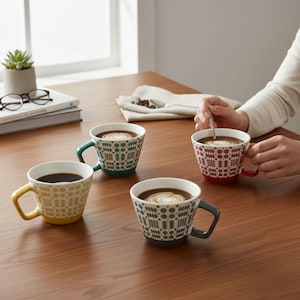 May include: Four patterned ceramic coffee mugs with coloured handles on a wooden table. The mugs are filled with coffee, and one is being stirred. The mugs have yellow, teal, red, and grey handles.
